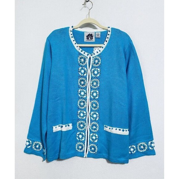 Storybook Knits Cardigan Sweater Womens Large Crochet Embellished Turquoise Blue - Picture 1 of 7